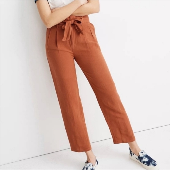 Madewell Linen Blend Paperbag Rust Fall Pumpkin Pleated Pants Size 16 Tall - Picture 1 of 12